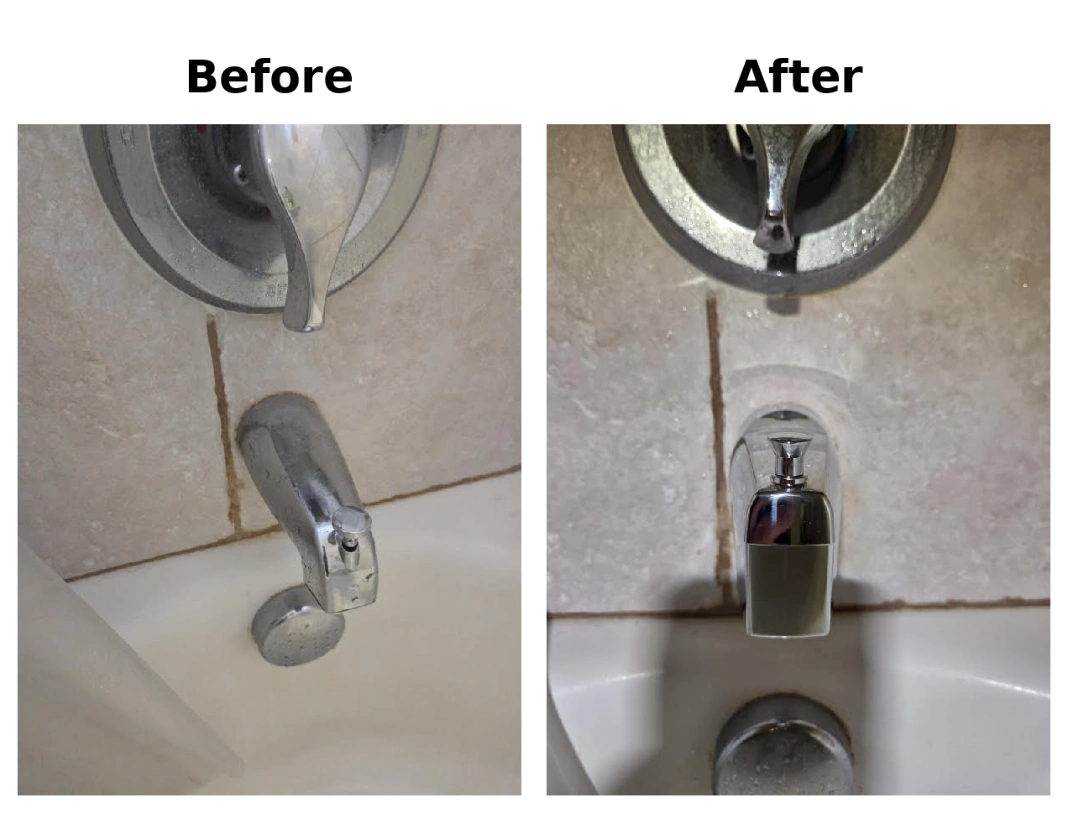 Bathtub spout replacement before and after during a Clinton residential plumbing repair
