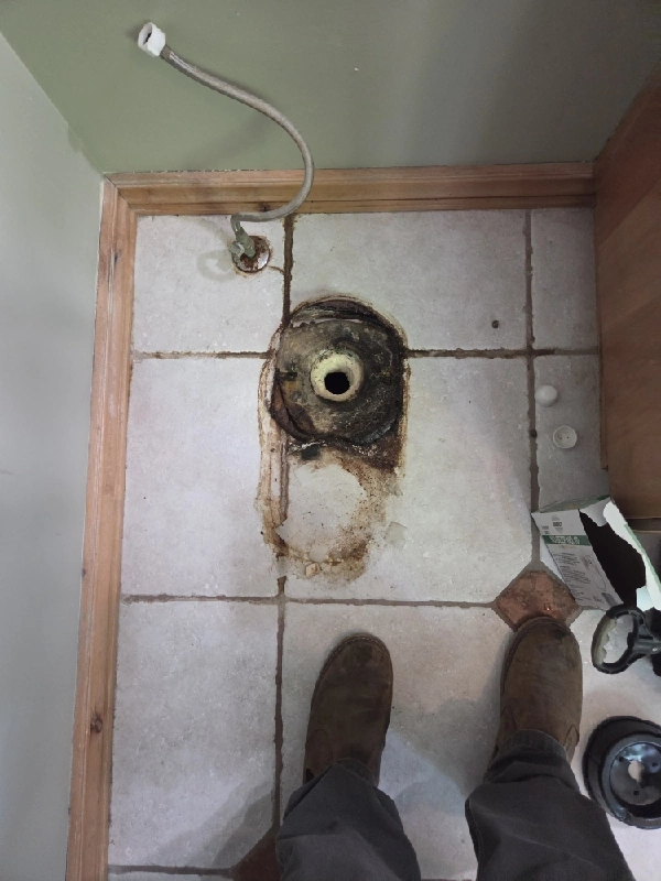 Water damage found beneath a toilet during a Clinton residential plumbing repair