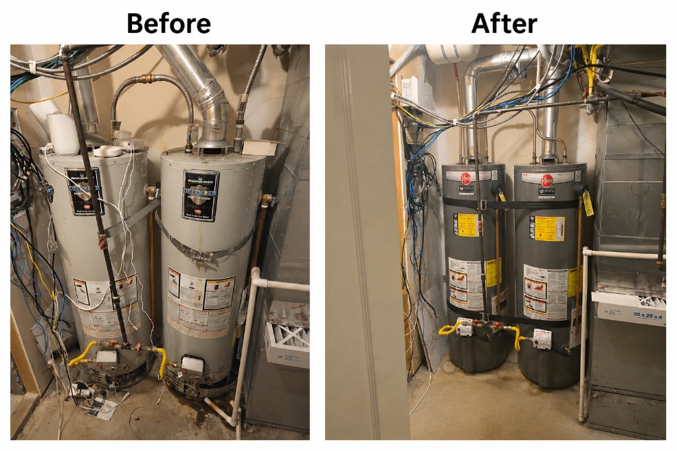 Water heater replacement before and after in a Clinton, Utah home